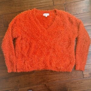 Vibrant Orange V-Neck Fuzzy Sweater